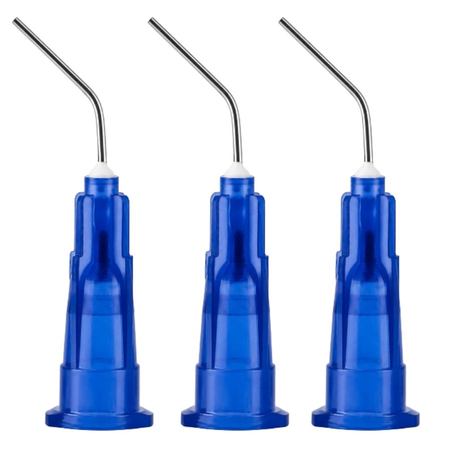 100/1000/Pk Pre-Bent Tips 23ga Dark Blue PP Stainless Steel Lightweight Curved