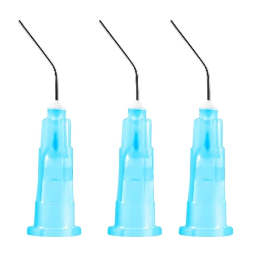 100/1000/Pk Pre-Bent Dispensing Tips 25 Gauge Blue Stainless Steel Disposable